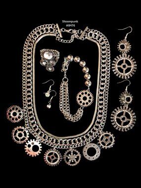 Steampunk Silver Rhinestone Necklace Earrings Bracelet Ring Set Paparazzi 4pcs